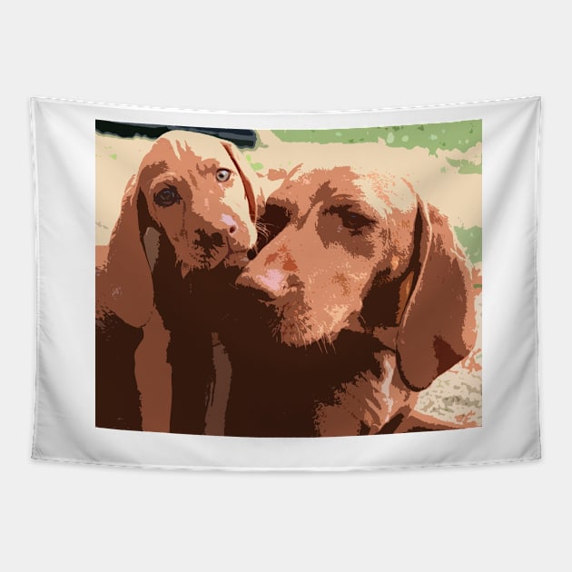 Viszla Mother And Puppy Portrait Abstract Tapestry by Oldetimemercan