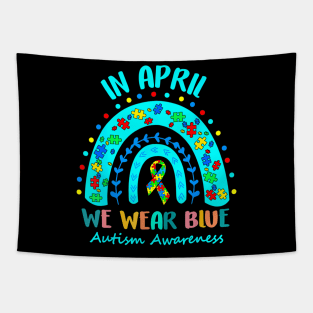 Puzzle Rainbow In April We Wear Blue Autism Awareness Month Tapestry