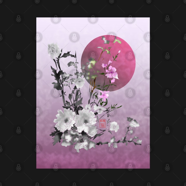 sumiE flowers and a big pink moon by cuisinecat