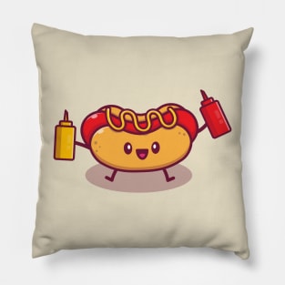 Cut Hot Dog Holding Mustard And Sauce Pillow