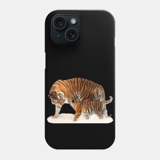 Mom and baby tiger on snow Phone Case