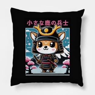 Cute cartoon Kawaii fawn Deer samurai armor with katana Chibi fuji mount blossom Pillow