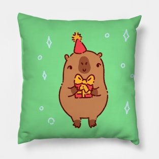 Capybara with a gift and a party hat Pillow