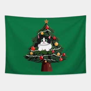 Black and White Cat in a Christmas Tree Tapestry