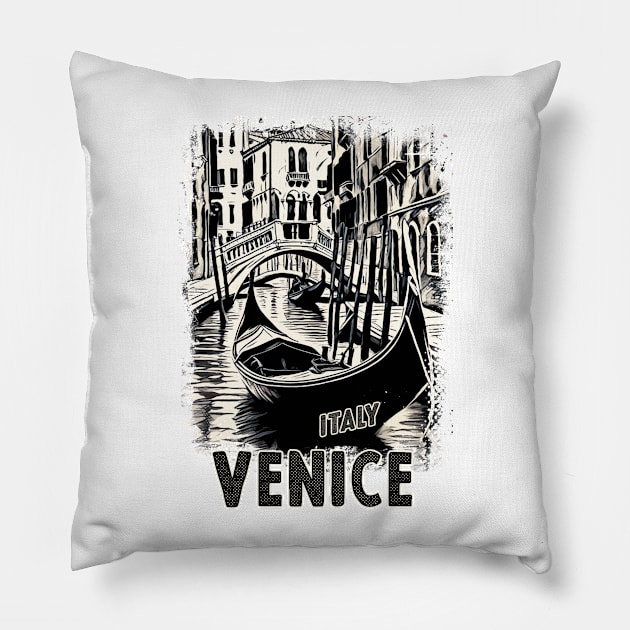 Venice Italy Vintage Travel Postcard Art Style Retro Mid Century illustration Pillow by Naumovski