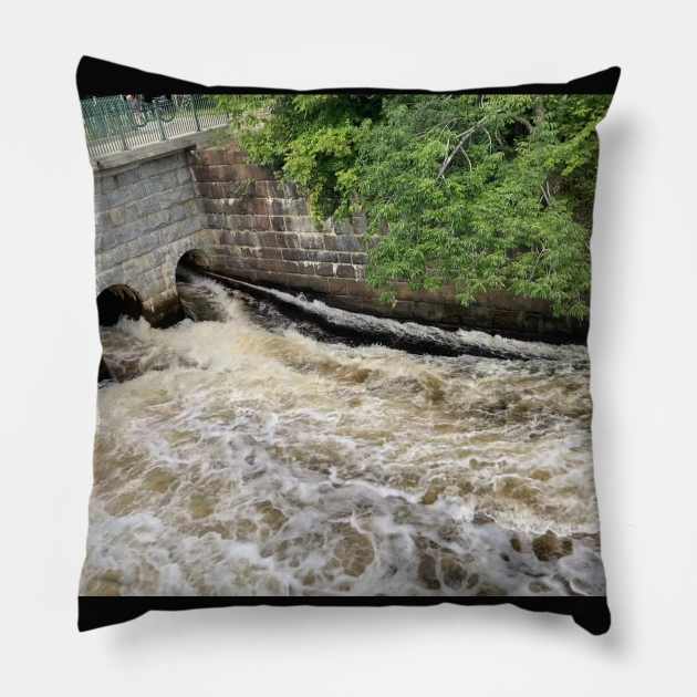 Stone Bridge Over a Flooding River in the Woods Pillow by Amanda1775