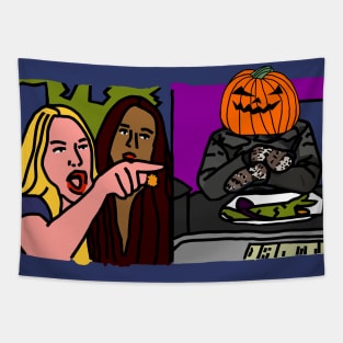 Halloween Horror Woman Yelling at Cat Memes with Pumpkin Head Bernie Sanders Tapestry