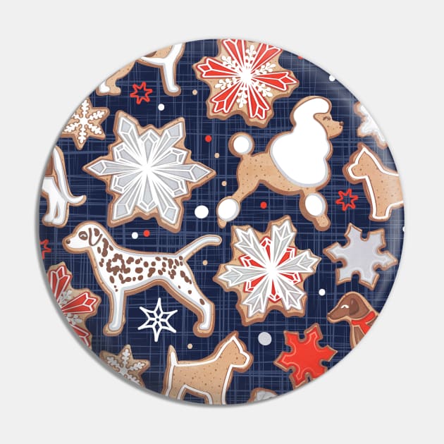 Catching ice and sweetness // pattern // navy blue background gingerbread white brown grey and dogs and snowflakes neon red details Pin by SelmaCardoso