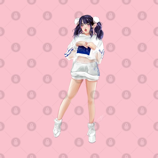 Cute Girl in Milk Outfit Illustration Pink BG by Nekoyukki