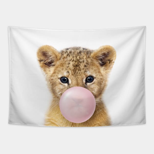 Baby Lion Blowing Bubble Gum, Pink Nursery, Baby Animals Art Print by Synplus Tapestry by Synplus