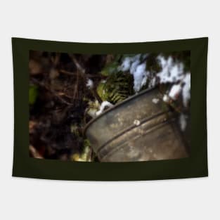 tin bucket in a snowy Oregon forest Tapestry