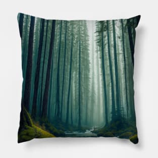 Misty Pine Forest River Rapids Pillow