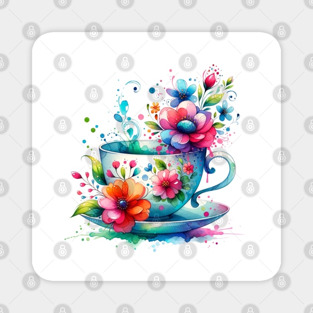 Whimsical Teacup With Flowers Magnet by get2create