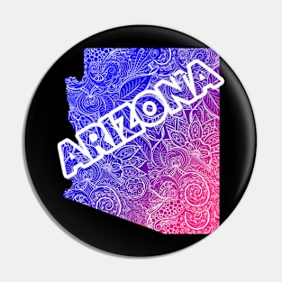 Colorful mandala art map of Arizona with text in blue and violet Pin