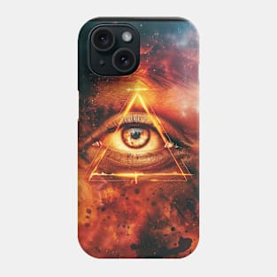 print with a Masonic sign symbol of the Illuminati eyes on fire in the pyramid Phone Case