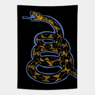 Distressed Denim Blue and Banana Yellow 80s Retro Gadsden Snake on Maroon Default background Tapestry