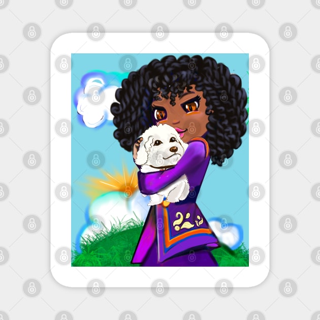 Girl with Afro hair cuddles puppy dog, Cavapoo puppy dog, cute Cavoodle, Cavapoo, Cavalier King Charles Spaniel Magnet by Artonmytee