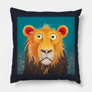 Quirky Surprised Lion Illustration on a Turquoise Background. Great kids room decoration Pillow