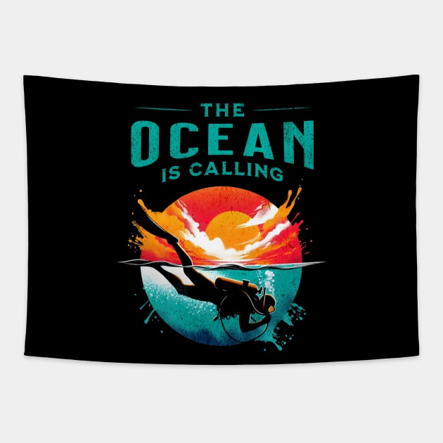 The Ocean is Calling Scuba Diver Design Tapestry by Miami Neon Designs