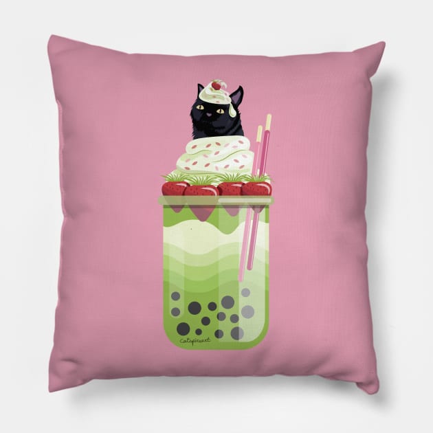 Black Cat Matcha Boba Tea (No Pattern) Pillow by catspireart