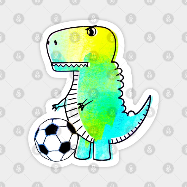 Cute Dinosaur Loves Soccer Watercolor Magnet by Braznyc