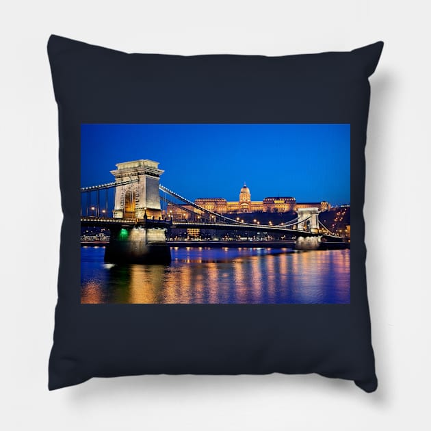 Danube & the chain bridge - Budapest Pillow by Cretense72