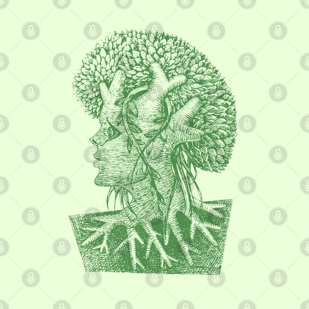 Forest God Soul Expression with Side Profile of a Man and His Head with Leafy Tree Branches Hand Drawn Illustration with Pen and Ink Cross Hatching Technique 4 by GeeTee