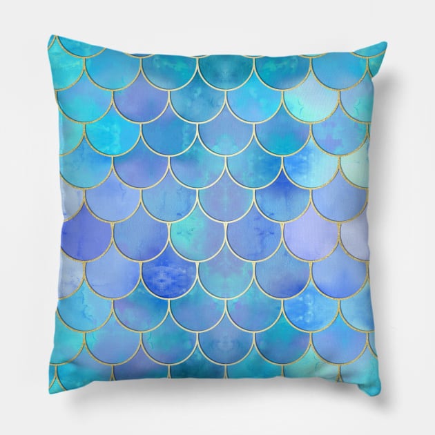 Aqua Pearlescent & Gold Mermaid Scale Pattern Pillow by tanyadraws