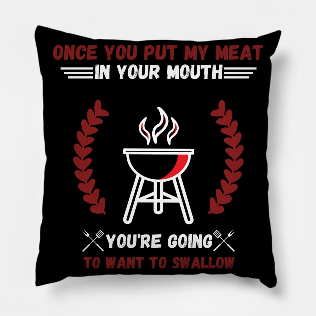 Retro Cooking Meat Grill Barbecue Party Funny sayings Pillow by JustBeSatisfied