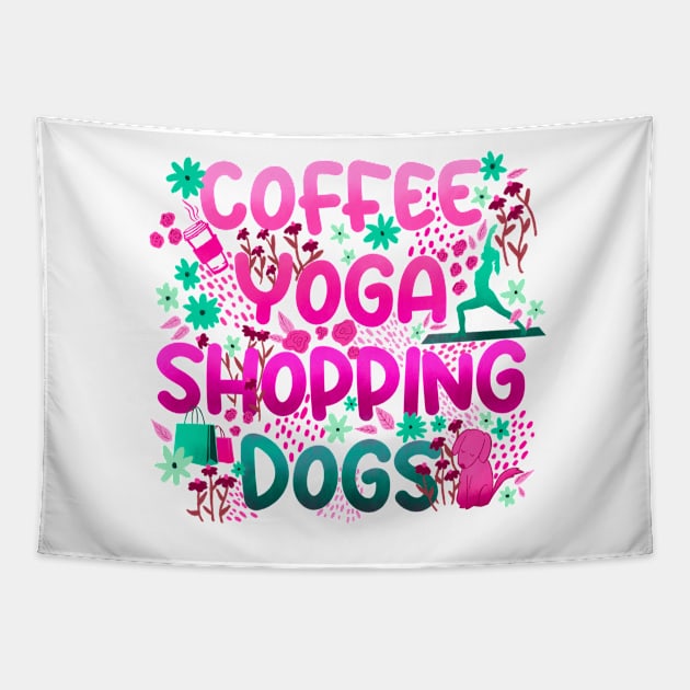 Coffee Yoga Shopping Dogs in Pink-Green Tapestry by Booneb