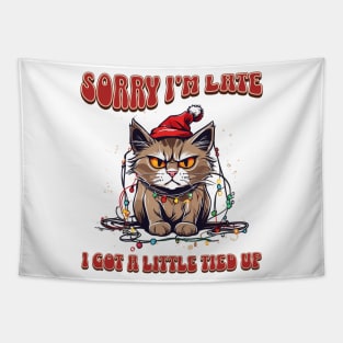 Funny Christmas Cat Tangled in Lights Wearing Santa Hat Tapestry