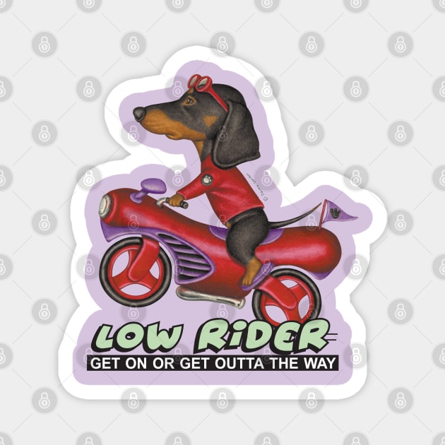 Cute adorable Black Doxie Dachshund Riding vintage classic Motorcycle Magnet by Danny Gordon Art