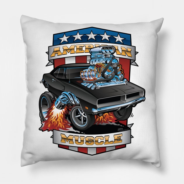 American Muscle Patriotic Classic Muscle Car Cartoon Illustration Pillow by hobrath