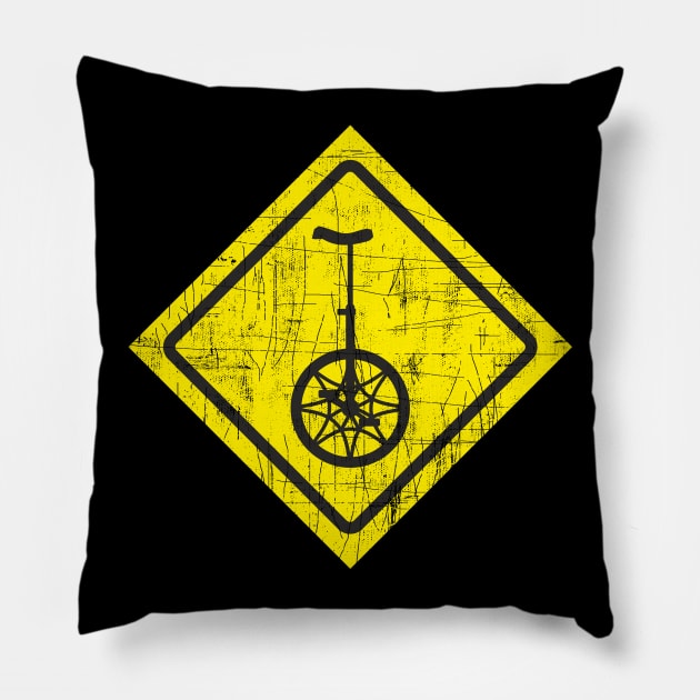 Funny Unicycle Yellow Traffic Sign Pillow by FancyTeeDesigns