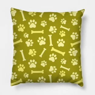 Pet - Cat or Dog Paw Footprint and Bone Pattern in Yellow Tones Pillow