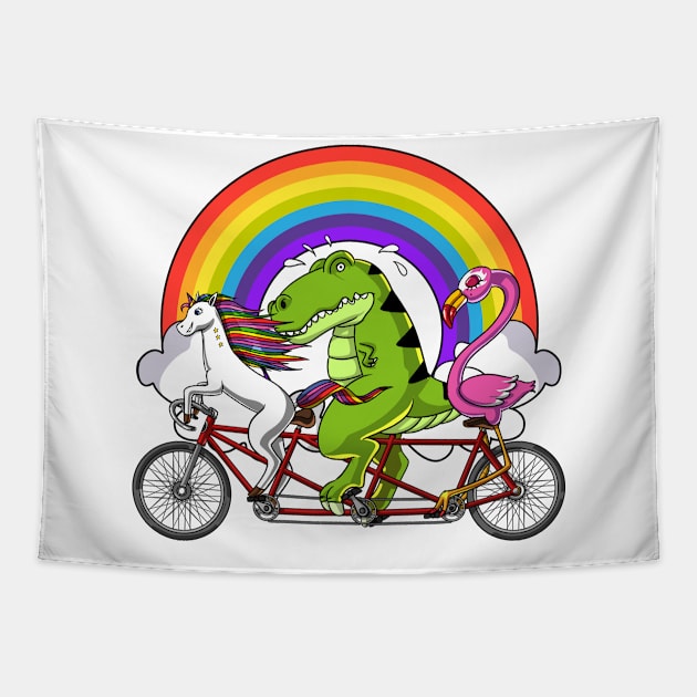 Unicorn Dinosaur Flamingo Riding Bicycle Tapestry by underheaven