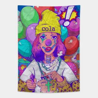 Colorful blind folded joker with many ballons illustration Tapestry