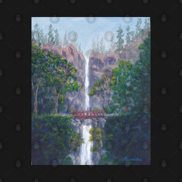 Waterfall, Trees, Bridge, Multnomah Falls, Oregon, Columbia River, Painting by Aryxaba