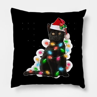 Black Cat Christmas Light  Funny Cat Lover Christmas Pillow