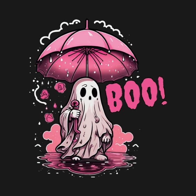 Funny Hand Drawing of a Halloween Ghost Holding a Pink Umbrella by admeral
