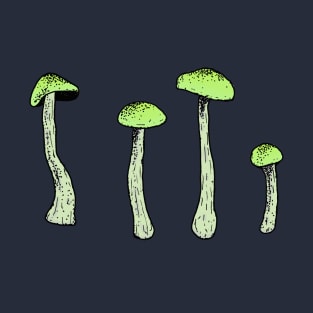 Mushroom Sketch Pen And Ink Artwork Minimal Psychedelic Nature Green Print T-Shirt