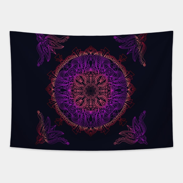 Purple Gradient Mandala Design on Black Background Tapestry by ArtMorfic