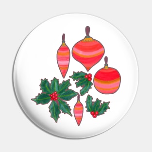 Striped Ornaments and Holly Pin