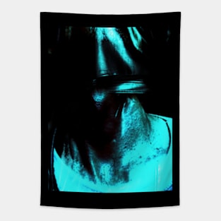 Portrait, digital collage and special processing. Neck close up. Strong guy in leather mask. Bright light blue. Tapestry