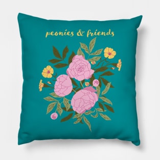 Peonies and friends green background Pillow