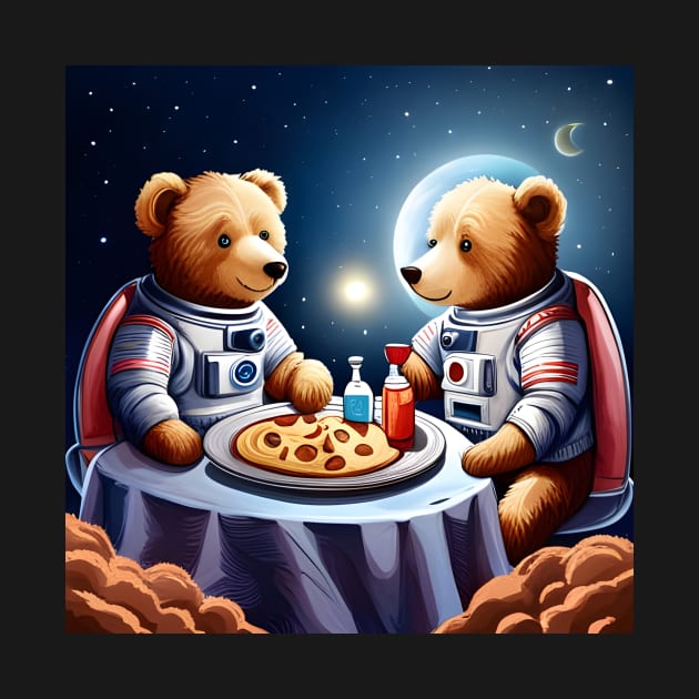 Two Teddy's in space suits having a romantic dinner on the Moon by Colin-Bentham