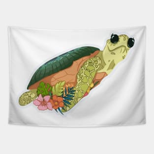 Cartoon turtle With Grass And Flowers, Tortoise Lovers Tapestry