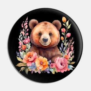 A brown bear decorated with beautiful watercolor flowers Pin