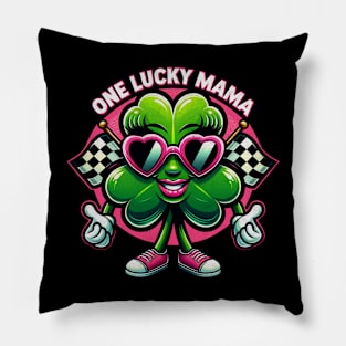 On Lucky Mama Funny Cute Shamrock Cool Sunglasses Racing Checkered Flag St Patrick's Day Irish St Paddy's Day Pillow