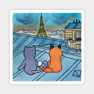 Cat and fox eiffel tower paris roofs watercolor illustration Magnet